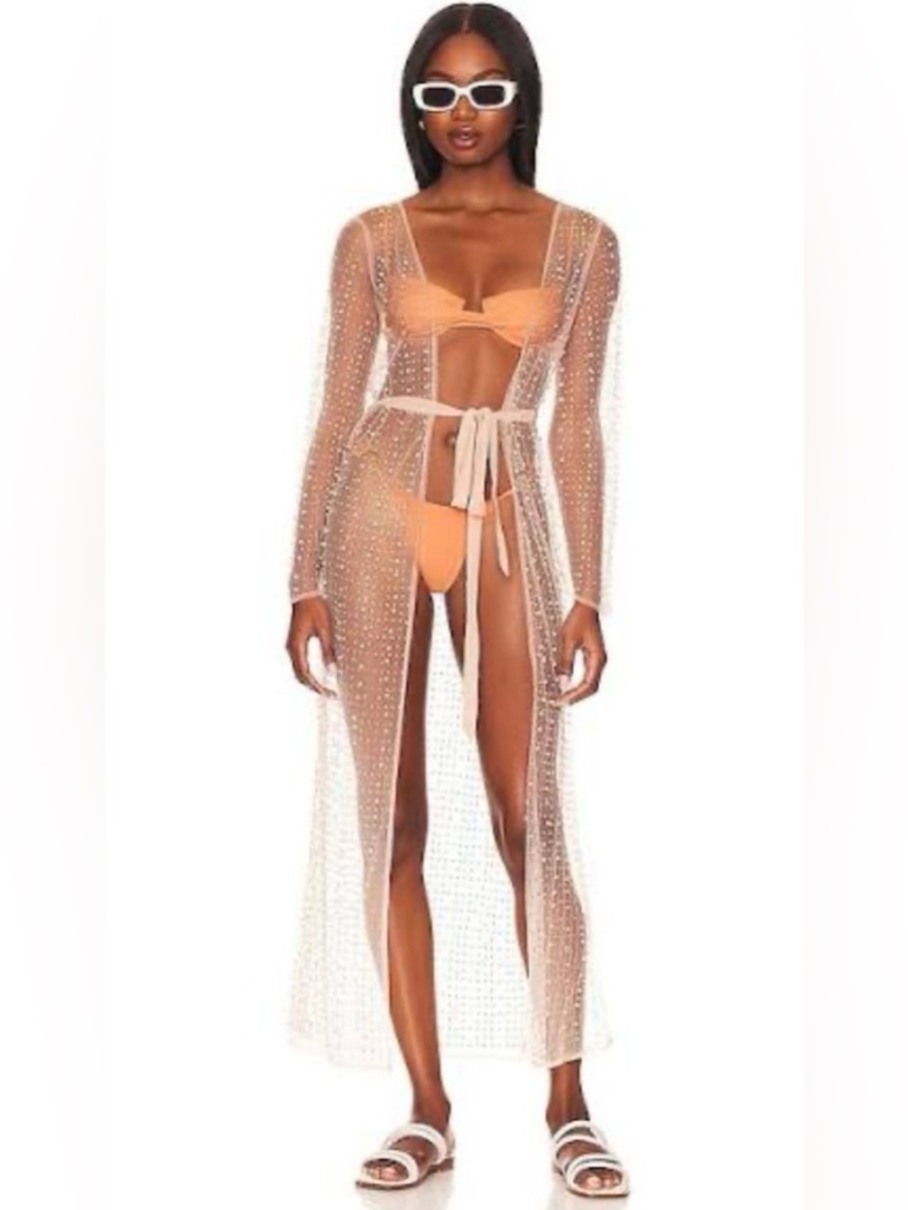 Beach Bunny Late Nights Pearl Mesh Cardigan in Nude